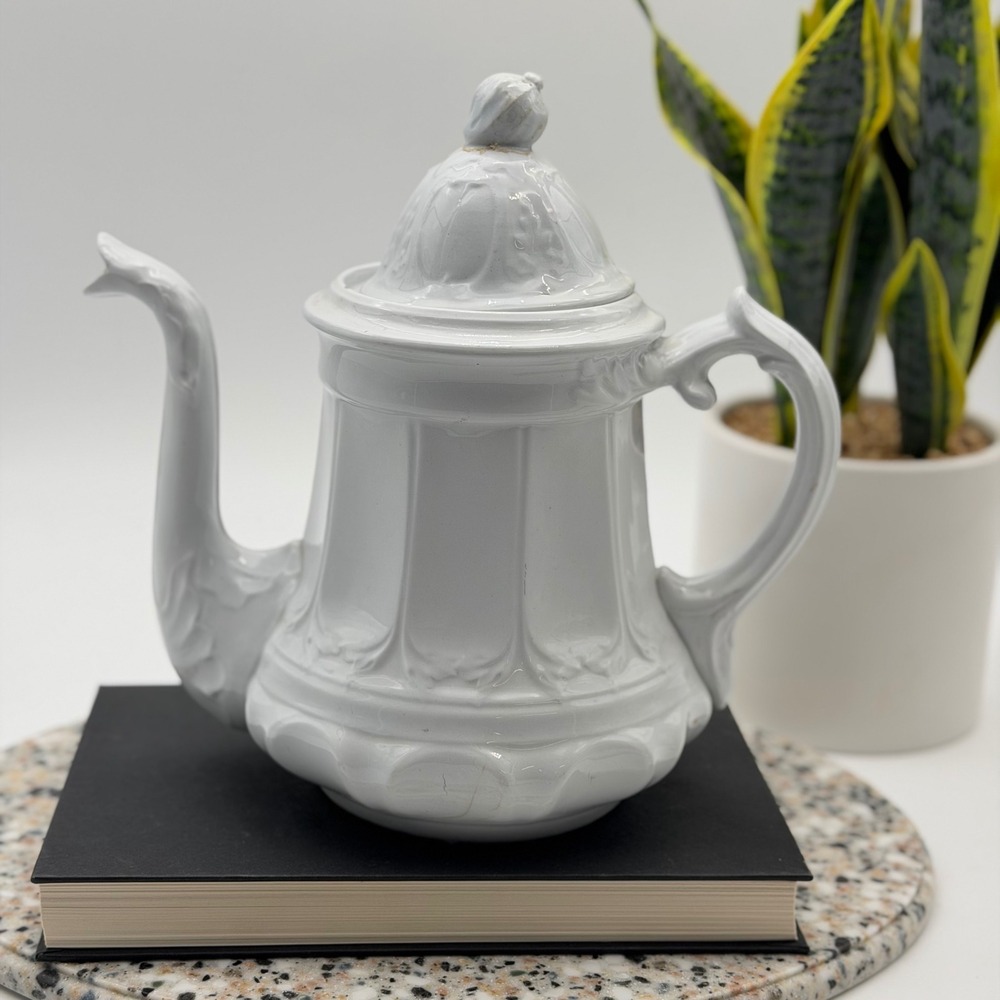 Antique Ironstone White Embossed Coffee Pot Tea Server Finial Shape
